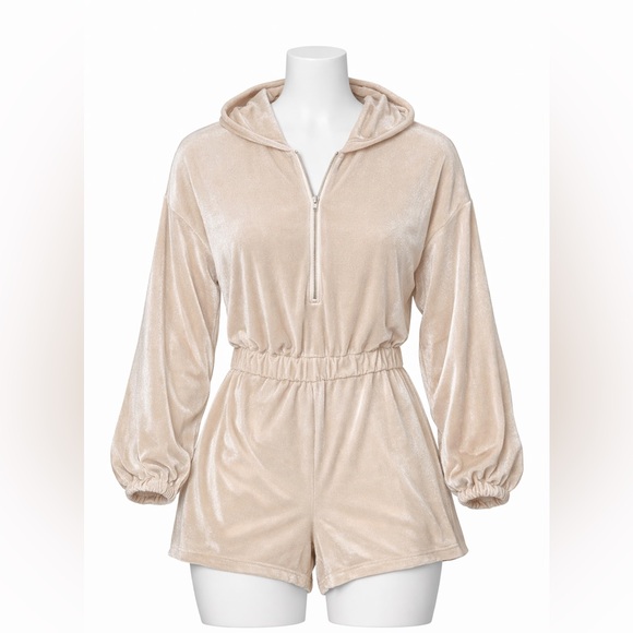 PrettyLittleThing Pants - PrettyLittleThing Velour Hooded Romper – Beige Lounge Playsuit
